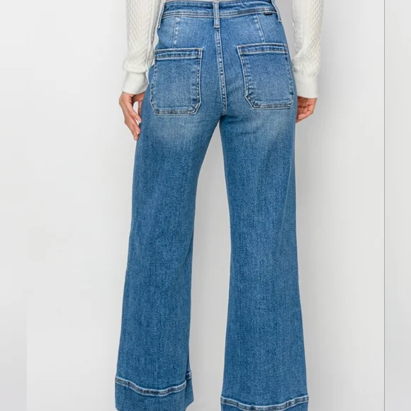 RISEN Wide Leg Flare Bell Bottom High-Rise Waist Jeans Retro Classic Denim Pants - Picture 9 of 12